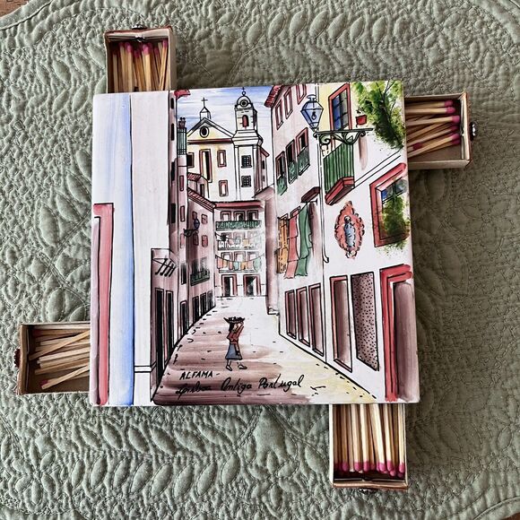 Vintage Match Holders 2 Ceramic Porcelain Hand Painted Tile Tops - Picture 8 of 16